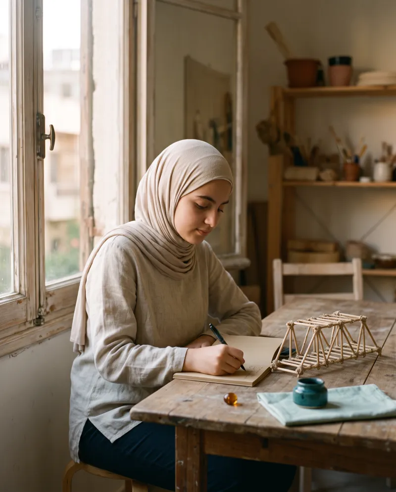 بنت تكتب في دفترها قرب نافذة، وبجانبها جسر أعواد مكتمل.
